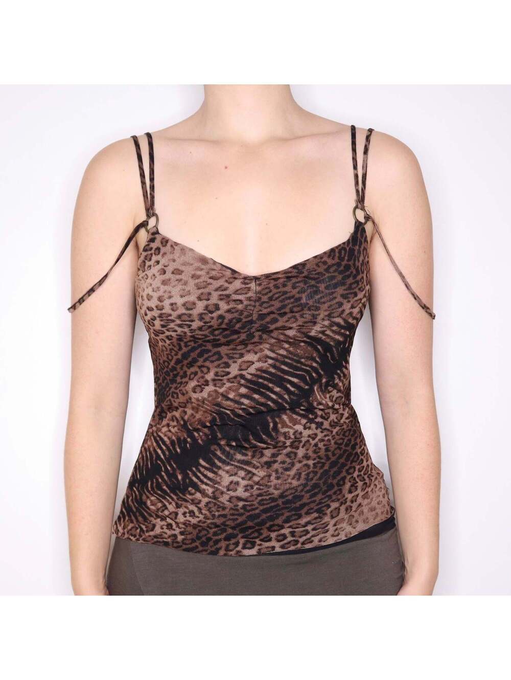 Y2K Italian Brown Mesh Leopard Print Camisole (L)